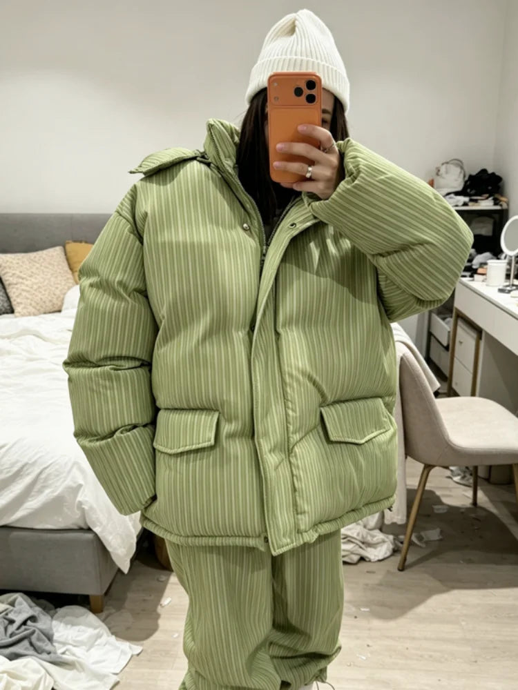 Women Striped Ski Suit 2 Pieces Set Hooded Puffer Jacket Wide Leg Snow Pants Winter Warm Waterproof Snowboard Outfit Tracksuit