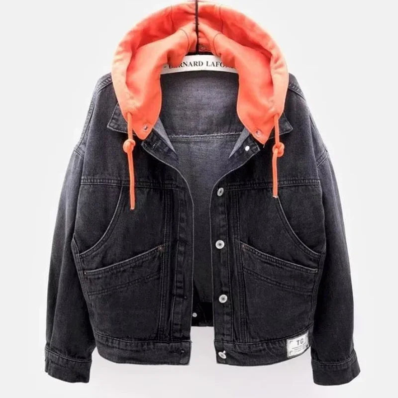 Denim Jacket Schoolgirl Korean Version Loose Short Jacket Long-sleeved Hooded Jacket Multi-pocket Versatile Top Autumnand Winter