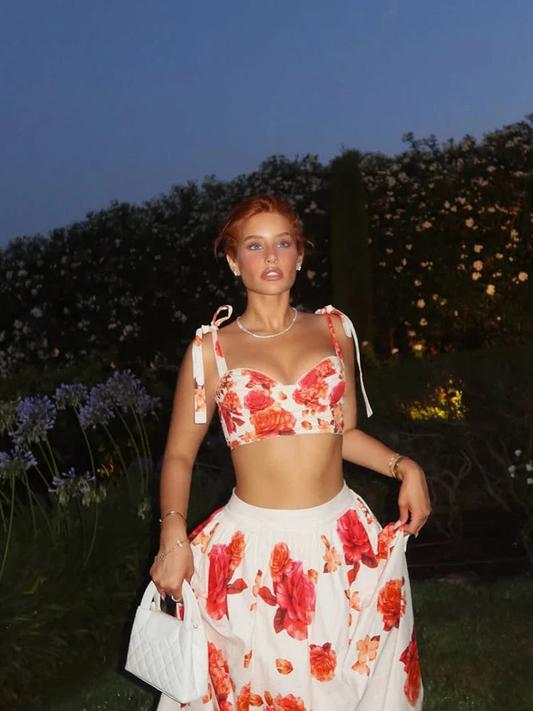 Elegant Floral Two Piece Set Sweetheart Crop Bustier High Waist Flowy A Line Midi Skirt Women Summer Daily Vacation Party Outfit