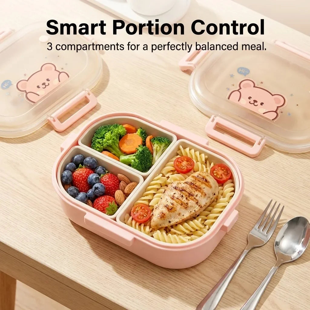 Microwaveable Plastic Lunch Box With 3 Compartments Cartoon Kids Divided Bento Box Portable Food Storage Container School Picnic