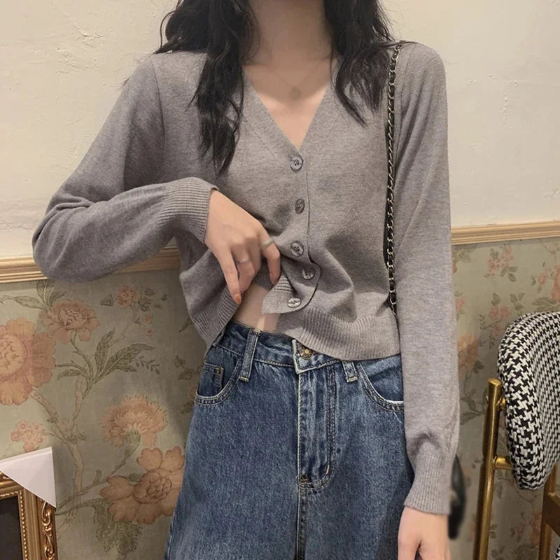 2025 Women's Long Sleeve Cropped Cardigan V Neck Button Down Knit Lady Autumn Spring Knitted Single-breasted Cardigan Sweaters