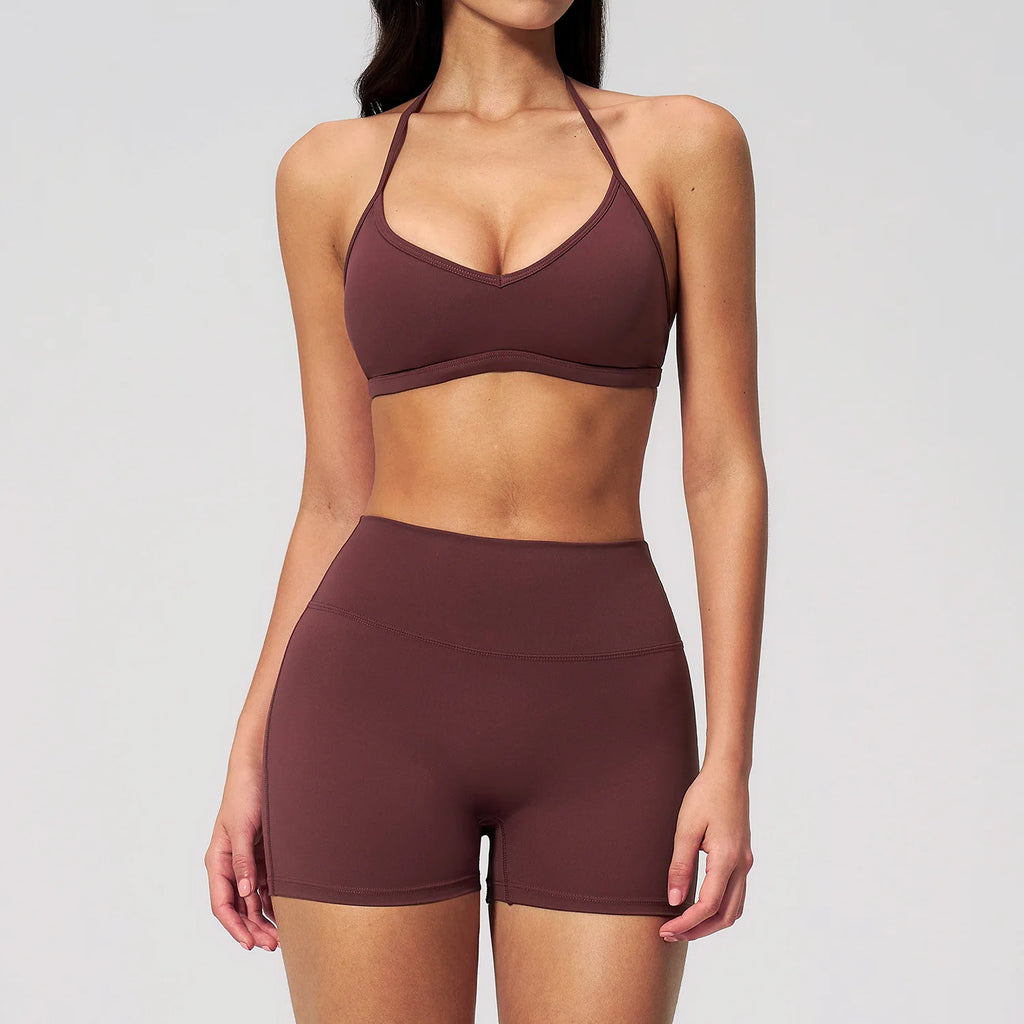 2 Pieces Yoga Set Women Tracksuit Backless Halter Tops High Waist Shorts Gym Suits Fitness Sportswear Workout Sets Athletic Wear