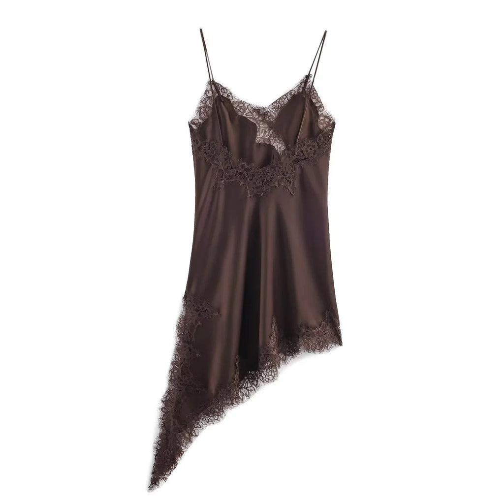 KONDALA 2026 Spring Summer Lace Patch Work Women Dresses Fashion Brown Wedding Guest Dress For Women Elegant Chic Ladies Dresses