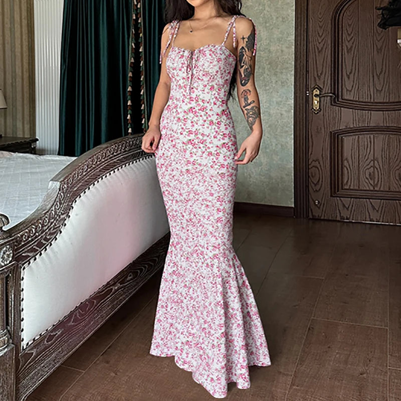 Hugcitar Floral Print Sleeveless Backless Slips Lace Up Maxi Dress Sexy Bodycon Summer Elegant Outfits Holiday Party Wholesale