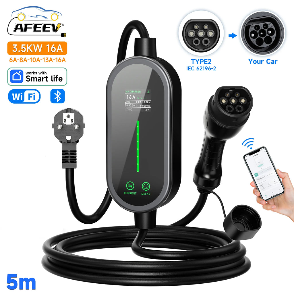 AFEEV Electric Car Charger Type2 Portable Charger 3.5KW 16A Type 1 EVSE EV Charger GBT Wallbox WiFi APP Bluetooth Control