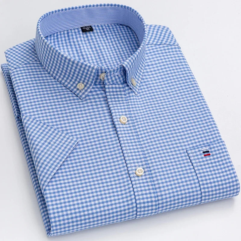 2025 100% Pure Cotton Men's Oxford Short Sleeve Square Collar Soild Plaid Striped Summer Casual Shirts Single Pocket  Shirt