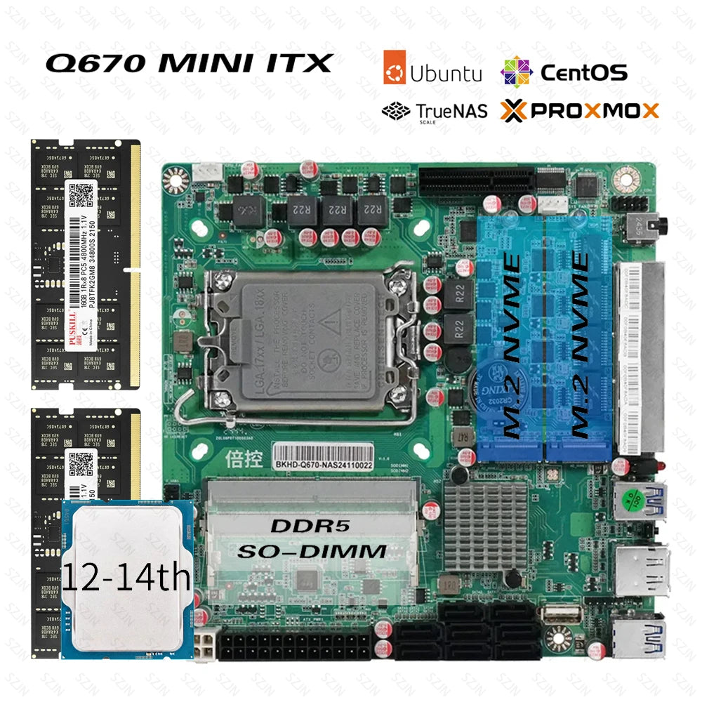 NAS Set Q670 MINI ITX Motherboard CPU Combo vPRO with 12-14th Core DDR5 16-32G 4800MHz Support 2xM.2 NVME 8xSATA3.0 Home Server