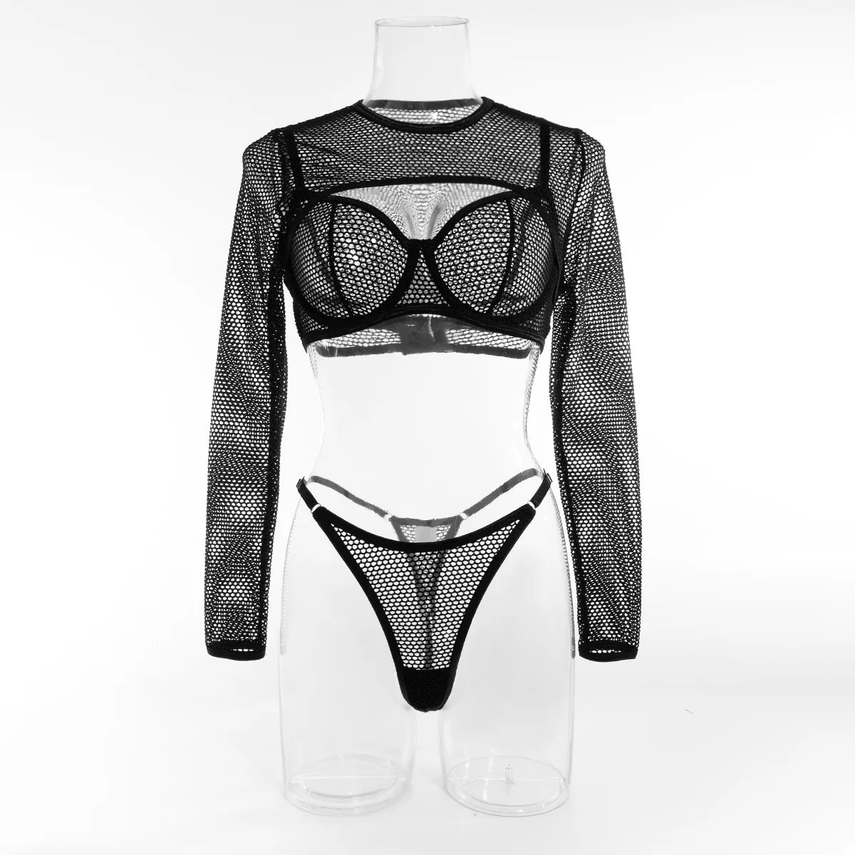 Sexy Transparent Bra Set With Long Sleeve Crop Top Fishnet Lingerie Eco-Friendly Packing