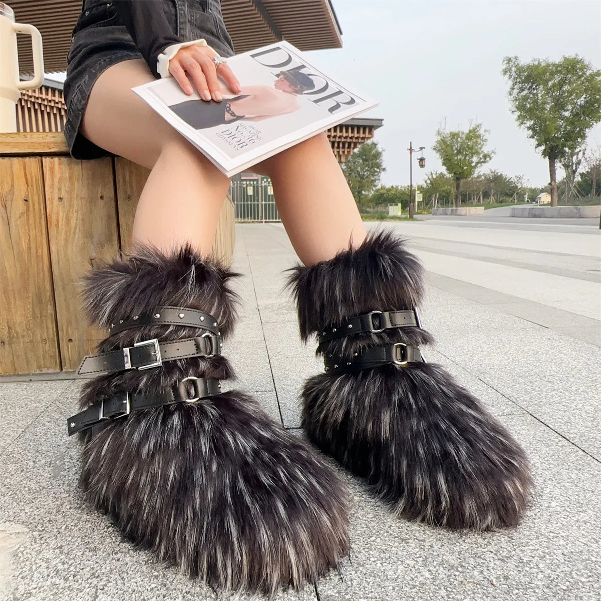 Winter Fur New Design Onepiece Raccoon FurFemale Snow Boots Fur shoes OutdoorMid Leg Boots y2k Cool Pink Girl