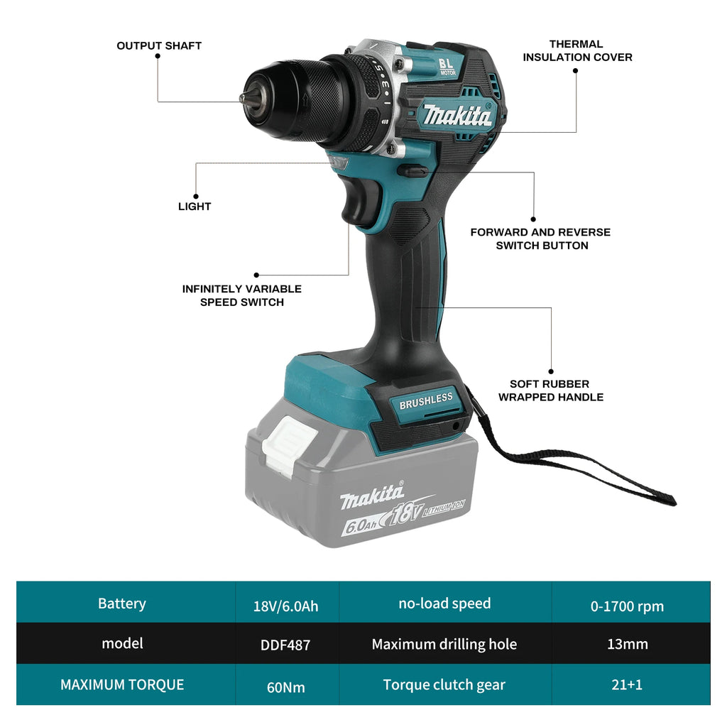 MAKITA 18V New DDF487-10mm electric hand drill 1700RPM  lithium-ion charging impact drill, high torque electric screwdriver