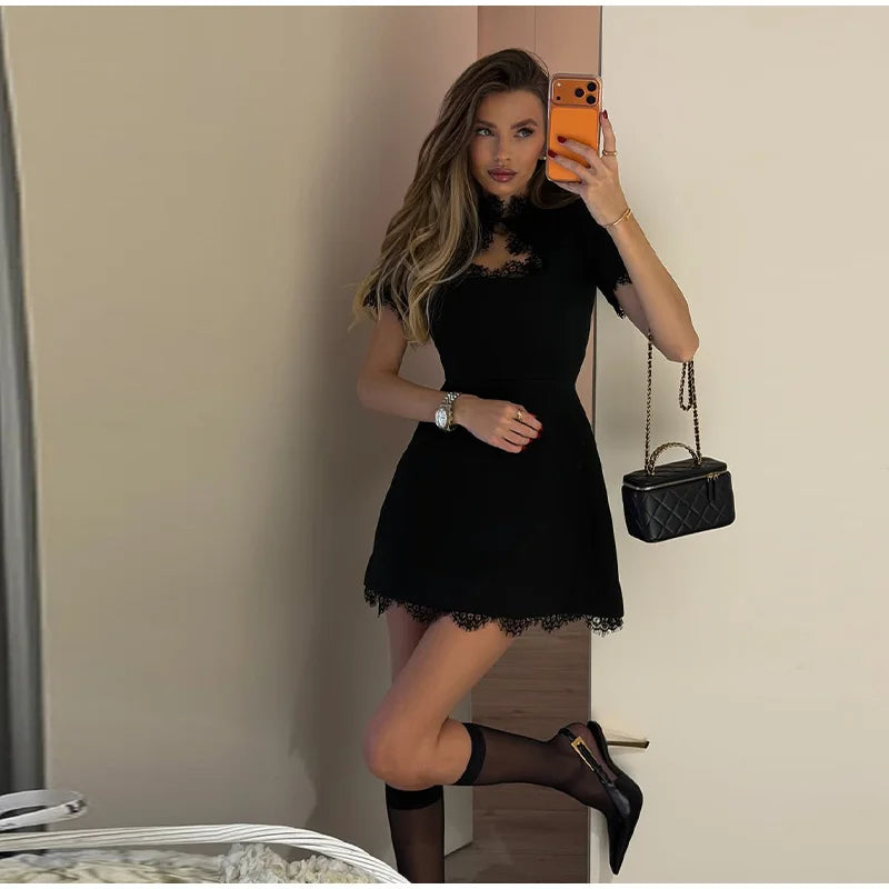 Fashion Lace Up Polka Dot Mini Dress Women Square Collar Short Sleeve Satin Party Dresses2026 Summer Lady Elegant Beach Robe New