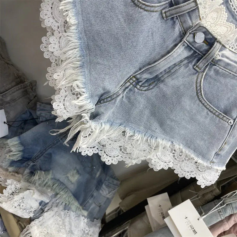 Light Blue Denim Shorts For Women High Waisted Raw Hem Lace Patchwork Petite Shorts Summer Casual Slim Fit Hot Pants