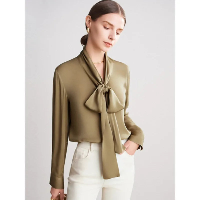 Spring Summer Silk Ribbon Blouse 90% Mulberry Silk Lace Up Long-sleeve Elegant Tops