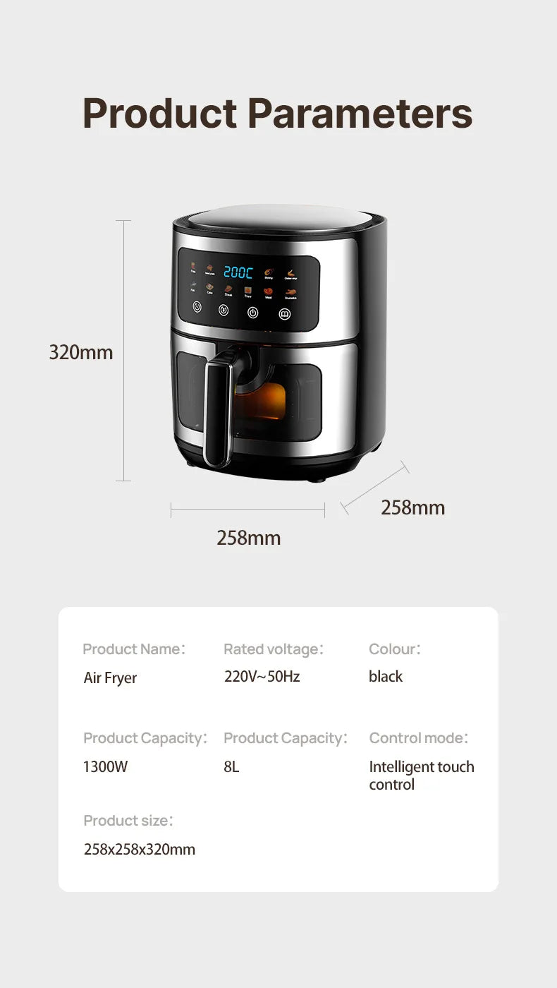 Oven Oilless Cooker with Touch Control Nonstick Basket Visible Window 8L Air Fryer with Electric Hot Fryer