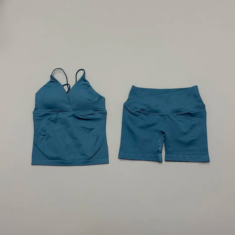 2Pcs Workout Shorts Set Women Cross Waist Scrunch Butt Shorts Tummy Control Racerback Tank Top Running Fitness Two Piece Suit