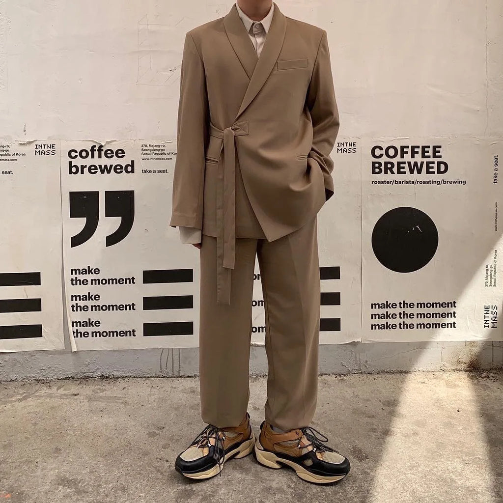 Spring Autumn Men's Loose Half Sleeved Suits Blazer Pants  2 Pieces Solid Clor Fashion Half Waistband Casual Blazer Suit Sets