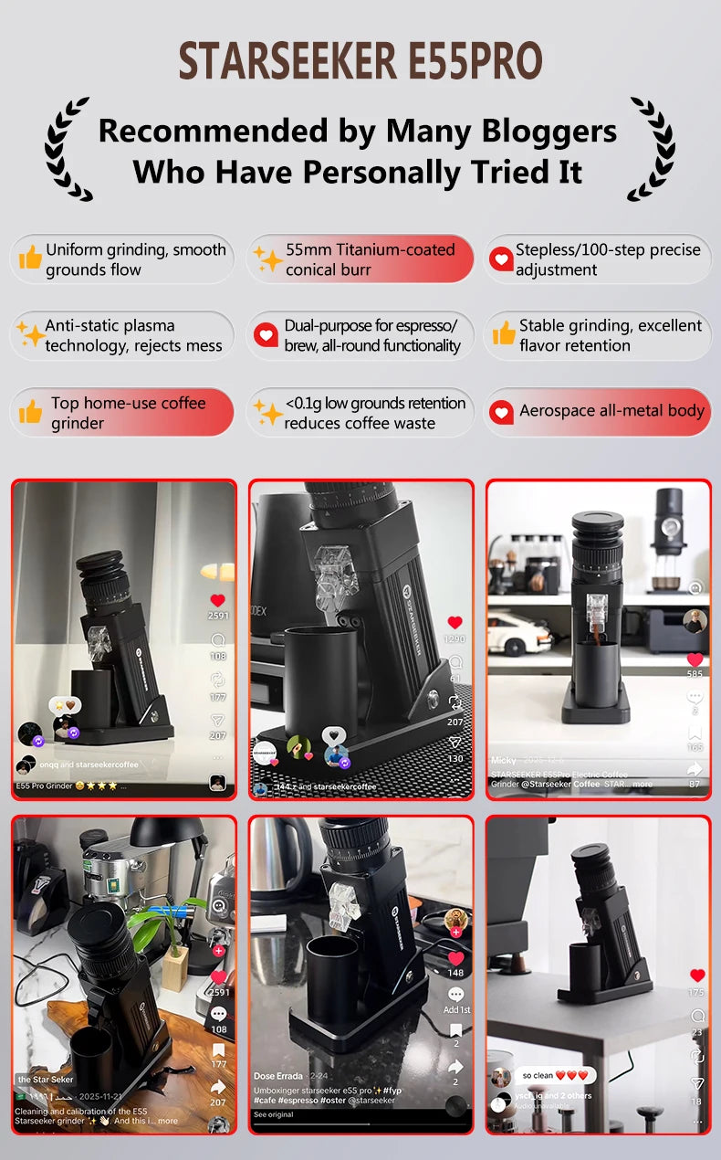 STARSEEKER E55Pro Electric Coffee Grinder 55MM Espresso Cone burr Stepless Fineness Adjustment Cold Brew Bean Grinder Black