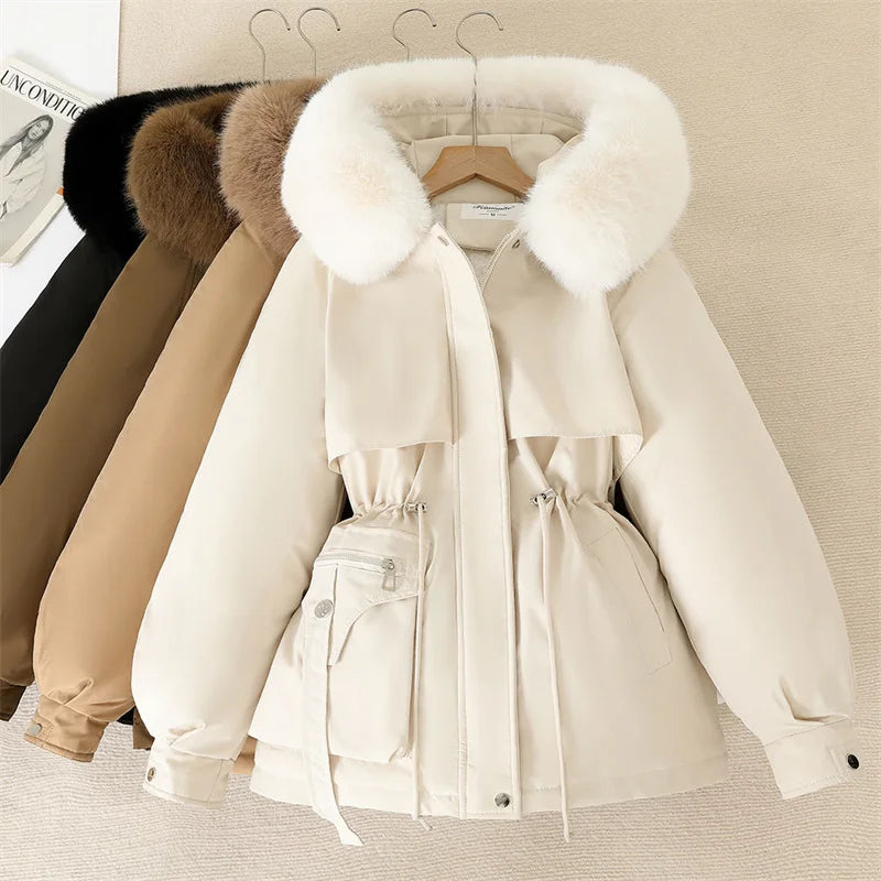 Fleece Lined Hood Down Jacket Winter Coat for Women Warm Drawstring Padded Parkas Korean Casual Streetwear Female Puffer Outwear