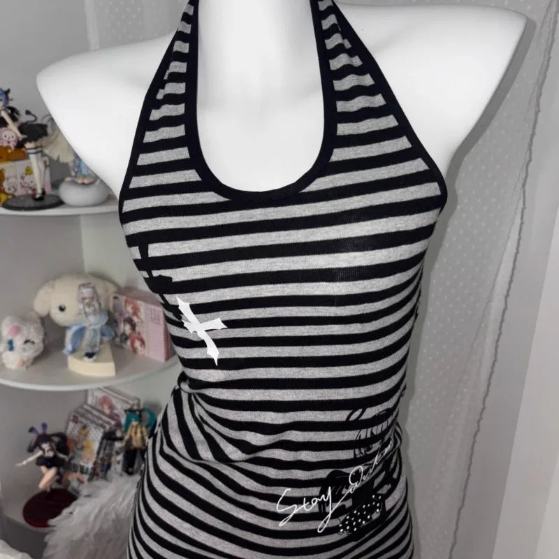 Retro Hottie Tank Tops Y2K Striped Halter Backless Cami Top Women Grunge Streetwear Slim Fit Sleeveless Shirt Graphic Sexy Vest
