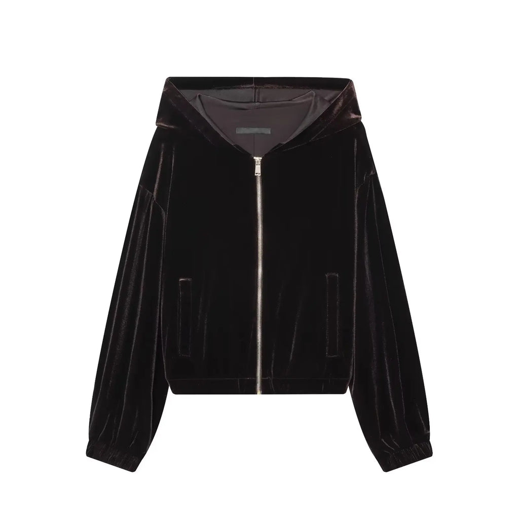 HH Woman Hooded Long Sleeves Zipper Velvet Jacket Drawstring Straight Wide Leg Pants Female Autumn Casual Loose Two Piece Set