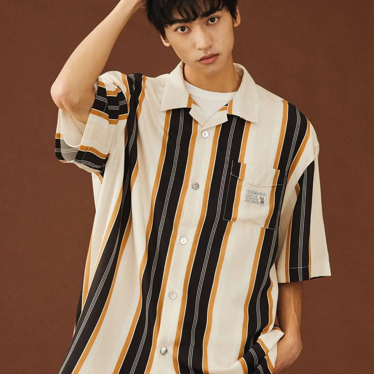 Summer New Turn-down Collar Fashion Short Sleeve Shirt Man High Street Casual Button Cardigan Striped Pockets Patchwork Tops