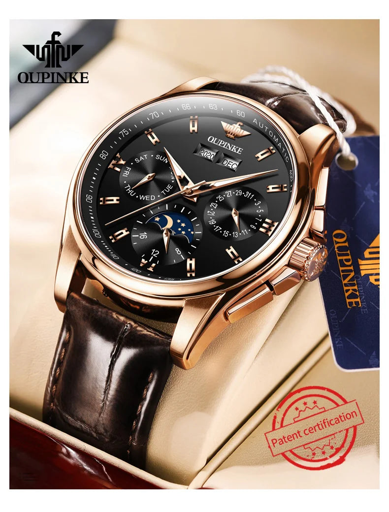 OUPINKE 3189 Automatic Watch for Men Genuine Leather Strap Waterproof Moon Phase Man Watches Luxury Men's Mechanical Wristwatch