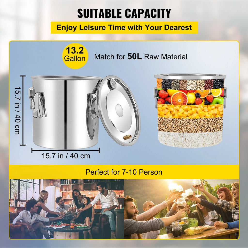SucceBuy 50L Alcohol Still Stainless Steel Water Alcohol Distiller with Condenser 13.2Gal Wine Making Boiler with Copper Tube