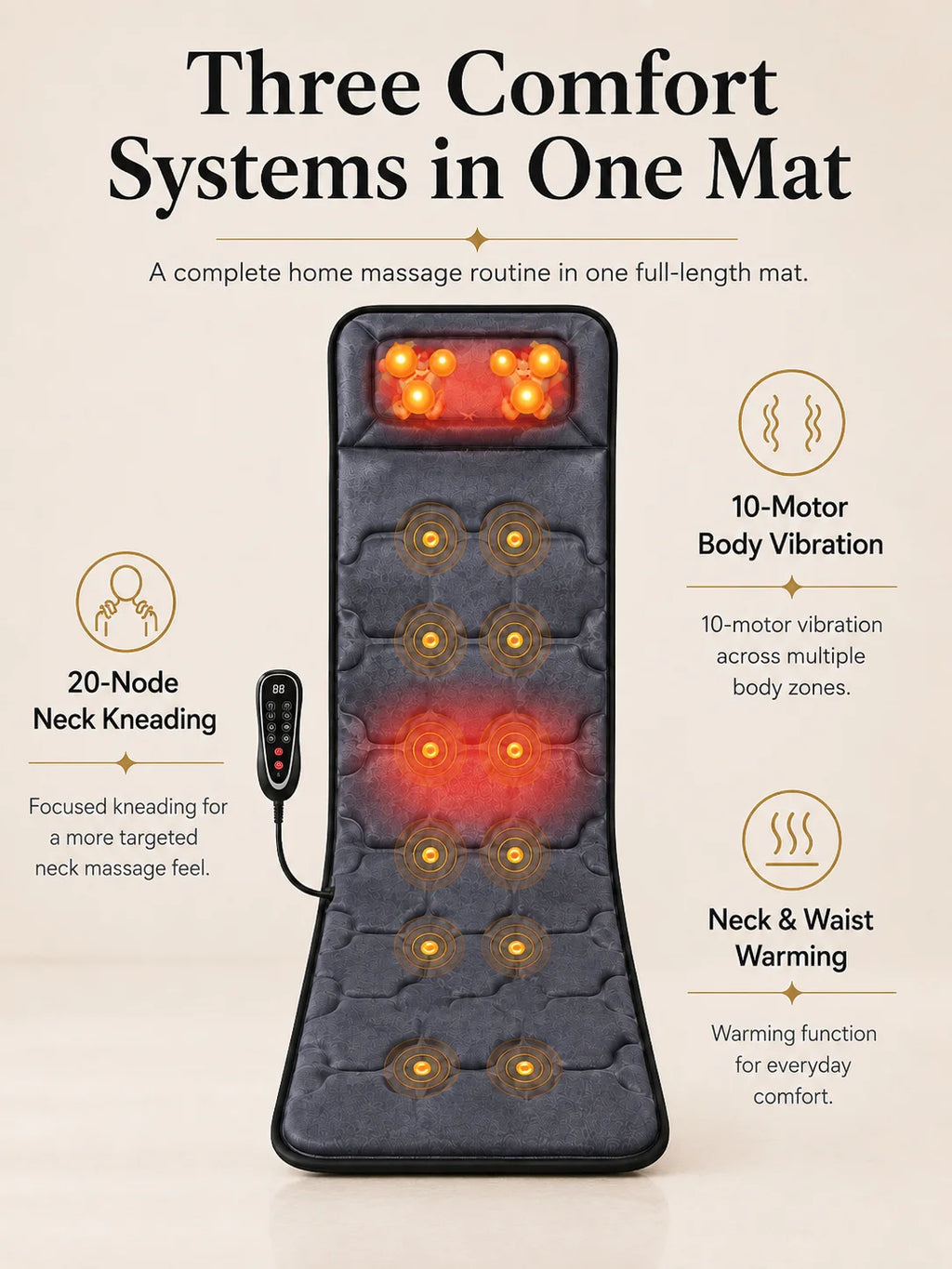 Full Body Massage Mat Foldable Neck Kneading 10 Motor Vibration Heat Shiatsu Electric Massage Cushion 9 Modes Wired Remote Home