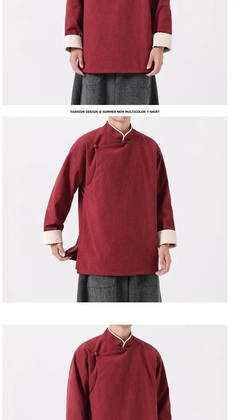 Autumn Winter Chinese Style Blouse Long-sleeved Jacket Men's Chinese Tang Suit Hanfu Lay Buddhist Zen Suit Tea Suit Slanted Top