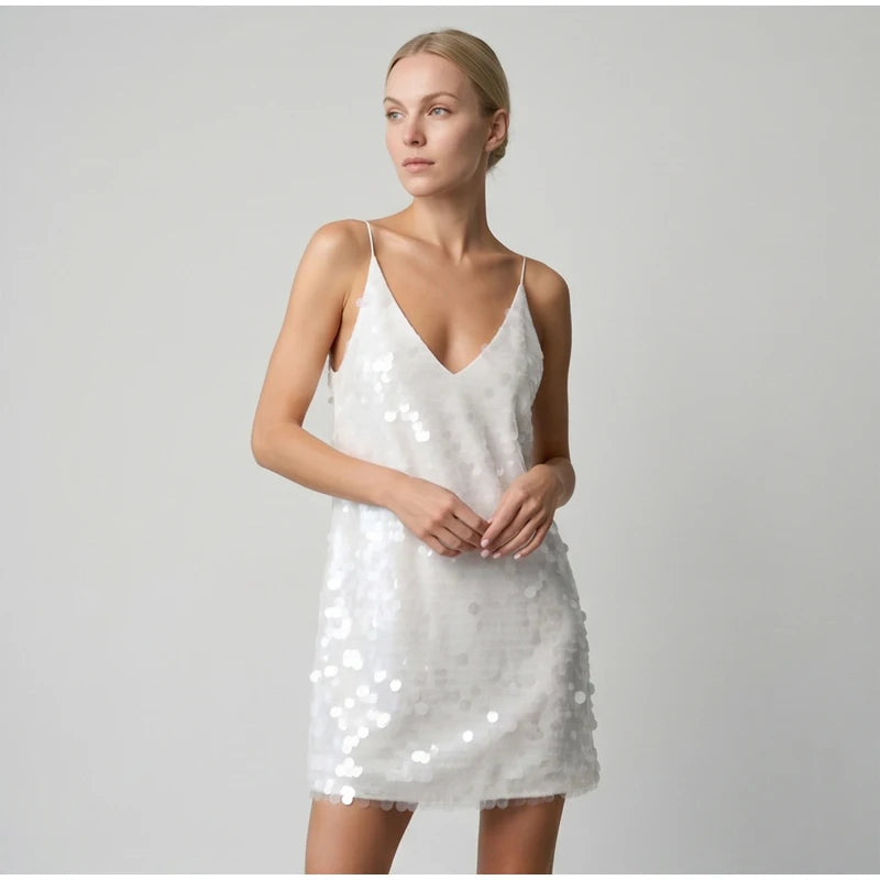 2026 Women White Sequins Mini Dress Sexy Deep V-neck Spaghetti Strap Loose Vestido New Fashion Summer Club Party Evening Dresses