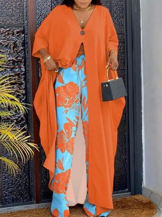 2 Piece Sets Women Print Suit Top Long Robe Wide Leg Pants Outfits Elastic Waist Lace Up Button V Neck Ensemble 2025 Office Lady