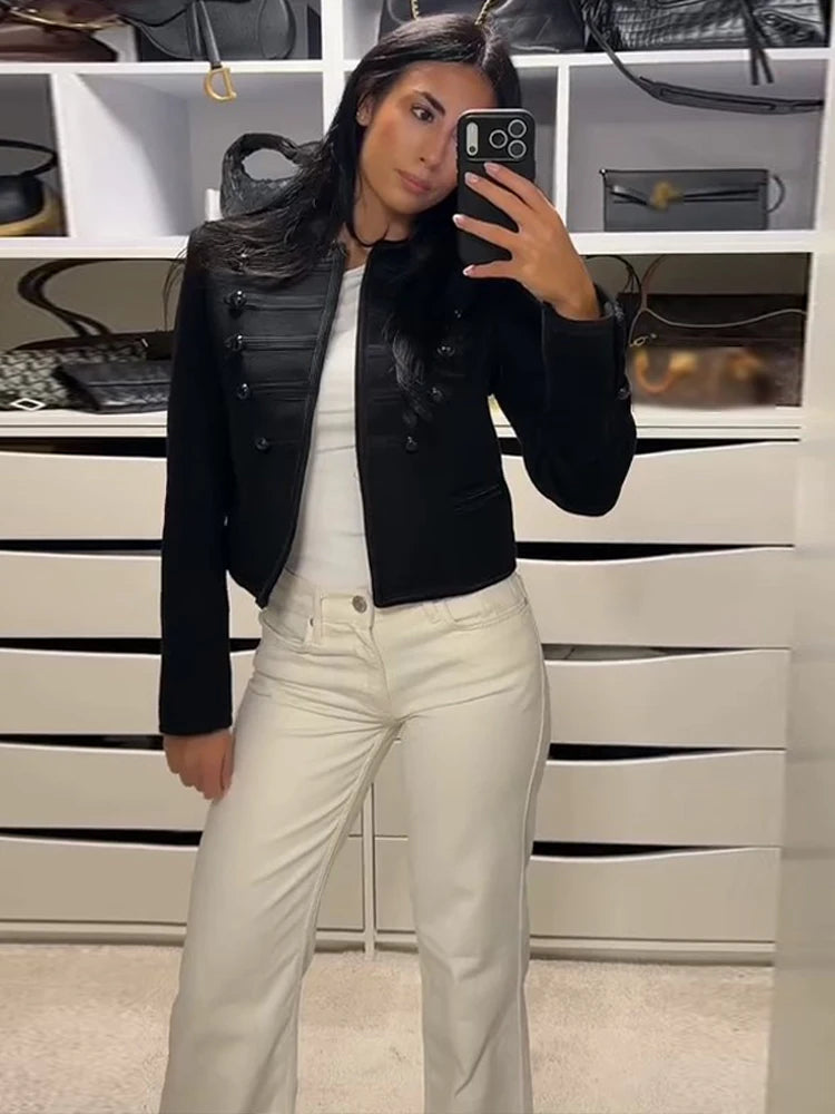Fashion Round Neck Cropped Jacket For Women Casual Long Sleeve Double Breasted Short Coat Lady 2026 Spring Chic Street Outerwear