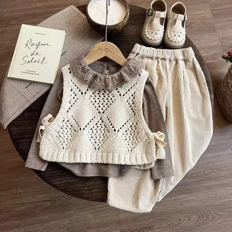 Childrens Clothing Set 2026 New Childrens Yarn Vest Base Shirt Baby Spring and Autumn Pants Three Piece Set