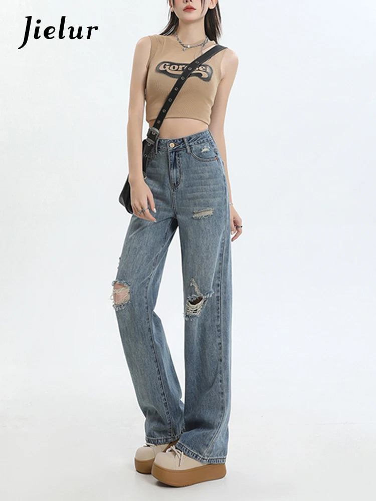 New Ripped Casual Loose Women Jeans High Waist Blue Korean Straight Pants Female Chicly Fashion Street Slim Woman Jeans