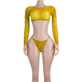 Women's Exotic Two-Piece Bodysuit Arm Sleeves Hollow Straps Shiny Wholesale Ballroom Dancewear Performance Pole Dance Wear