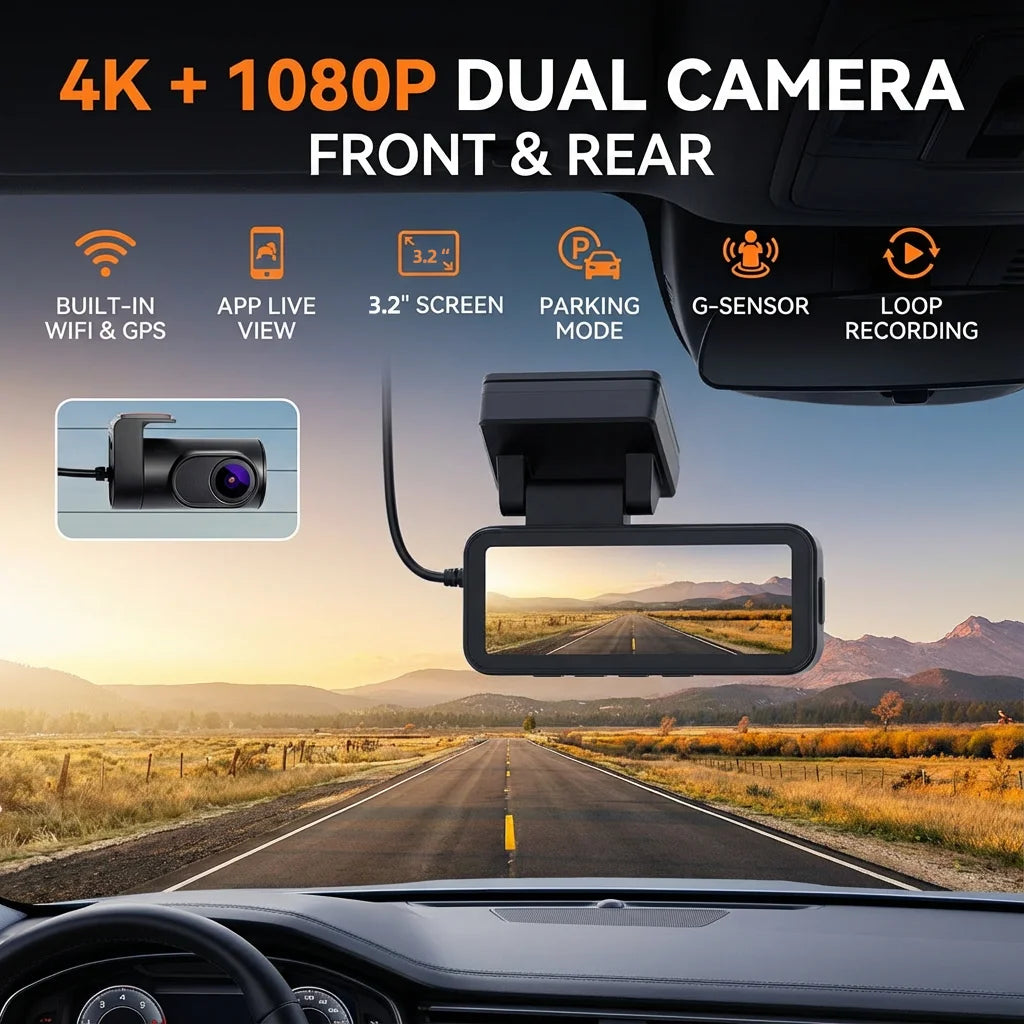Dash Cam Dual Lens 4K UHD Recording Car DVR GPS WDR Night Vision Video Recorder Wi-Fi Room Black Box 1080P Rear View Camera