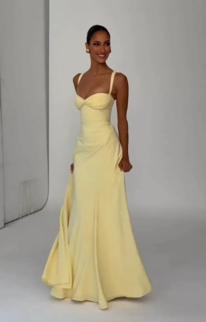 Women Yellow Low Cut Backless High Waisted Dress Lace Up Sleeveless Waist Cincher Spaghetti Strap Vestidos Party Club Women Robe