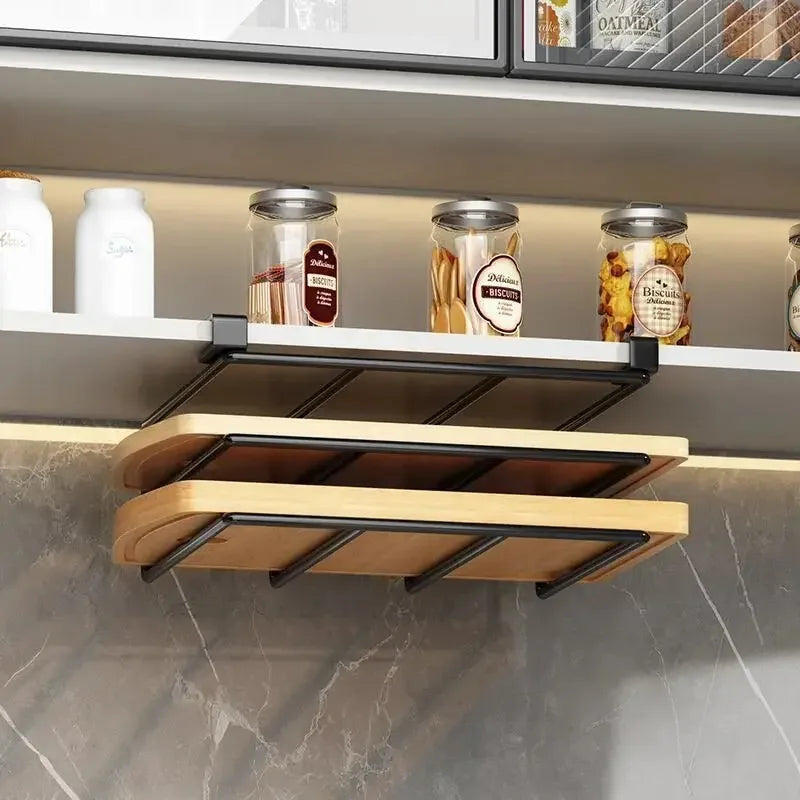 Kitchen Under Cabinet Hanging Organizer Rack with Hooks Multi-Purpose Holder for Paper Towel Cutting Board & Pot Lids