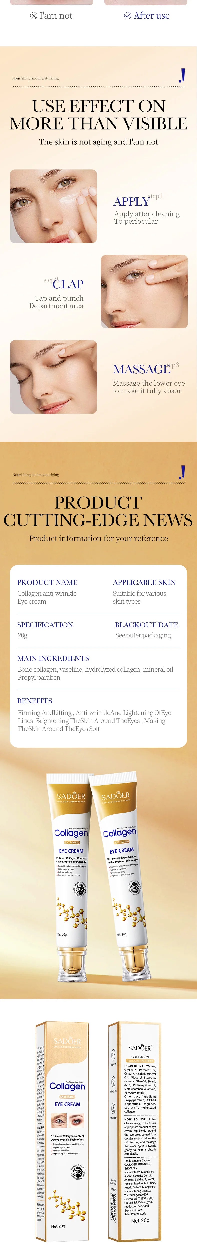 SADOER Collagen Eye Cream Retinol Eye Cream Anti Dark Circles Eye Bag Firming Skin Moisturizing Skincare Skin Care for Eyes Care