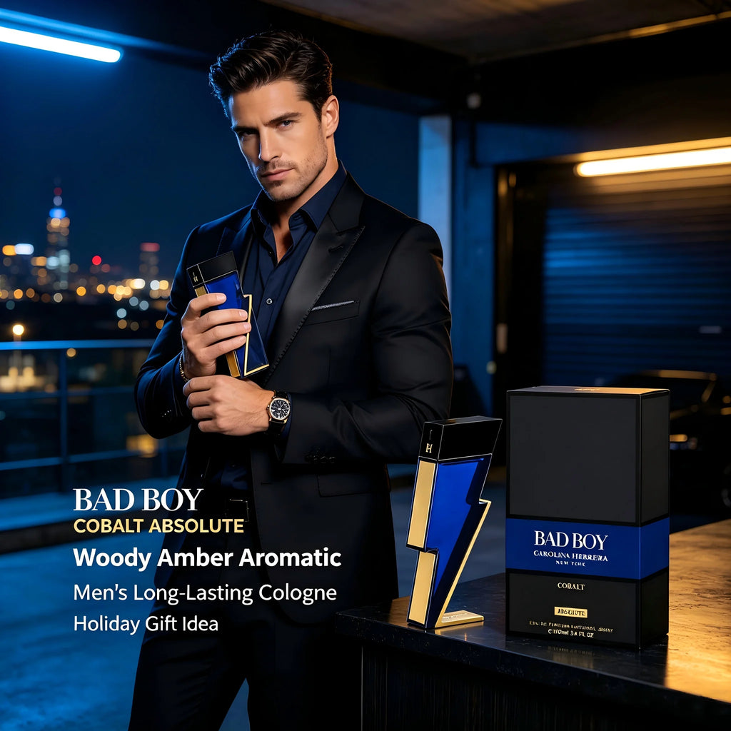 Carolina Herrera Bad Boy Cobalt Absolute EDP for Men, 3.4fl oz/100ml, 1 Bottle, Woody Amber Aromatic Long Lasting Men's Cologne, Birthday Gift for Him, Fall, Halloween, Thanksgiving, Black Friday, Christmas, New Year Holiday