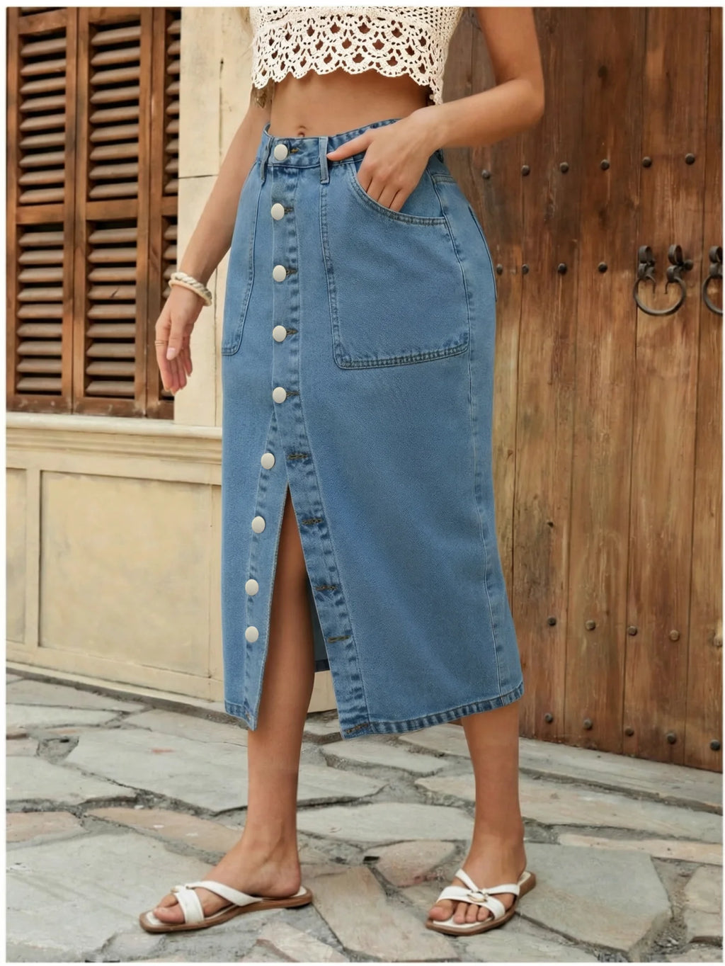 Women's Elegant Front-Button Elasticated Half Skirt Fashionable Style Elastic Waist Midi Skirt for Ladies
