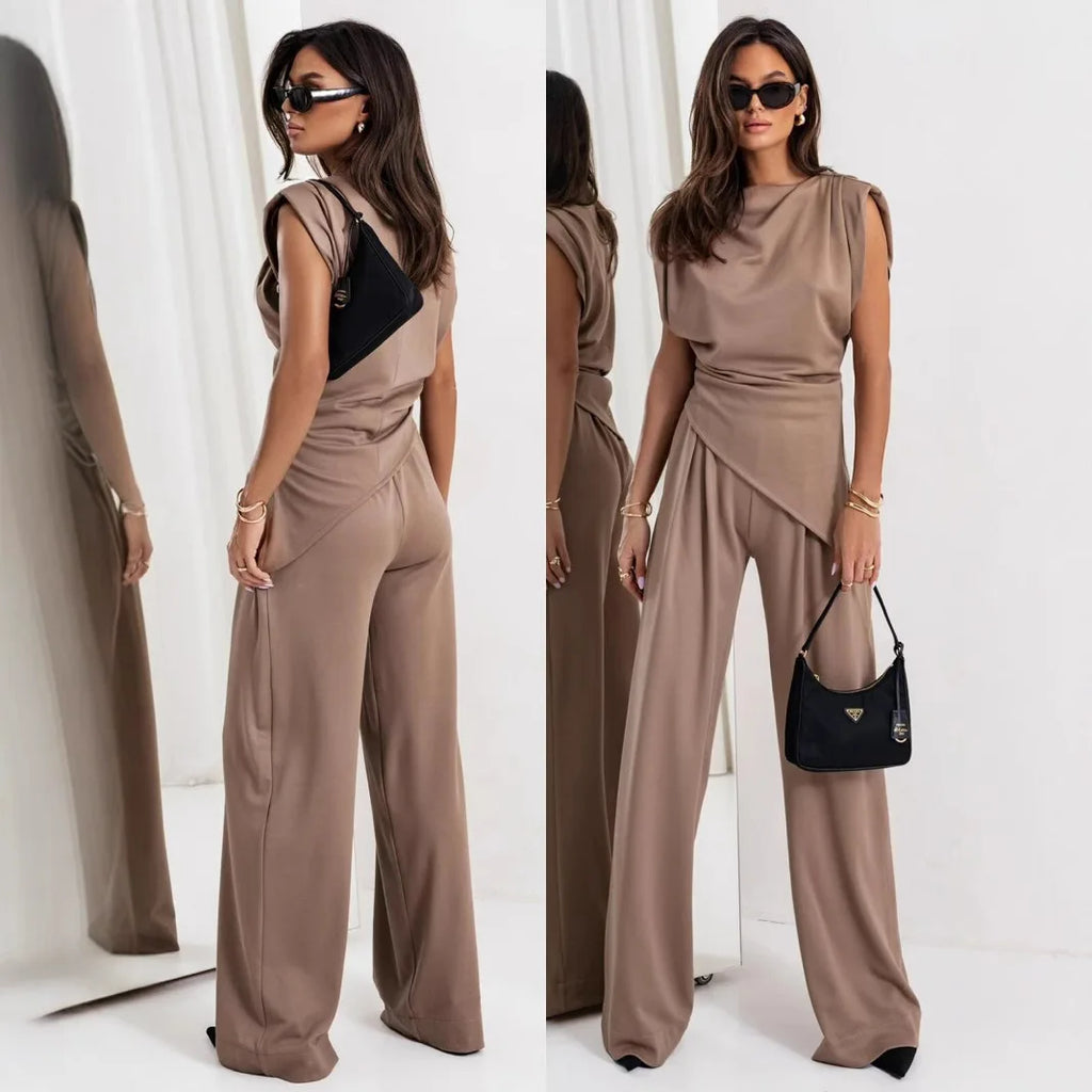 2025 Spring Summer Fashion New Solid Two Piece Set Women Casual Off Shoulder Irregular Top Wide Leg Pants Femme Two Piece Set