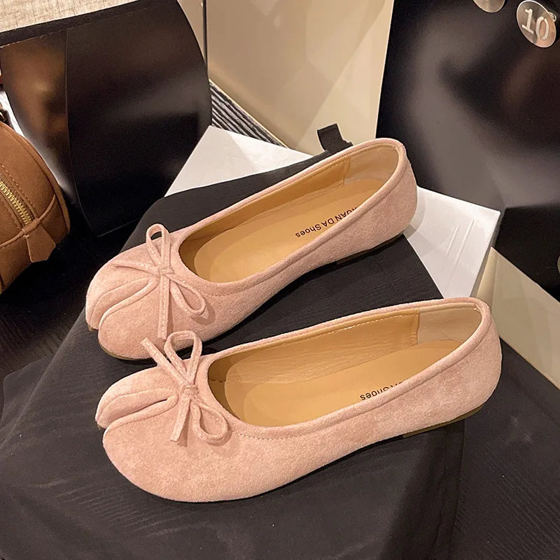 Fashion Suede Split Toe Women Bow Tabi Ballet Flats Spring Autumn Comfortable Walking Lazy Loafers Casual Girls Dance Shoes