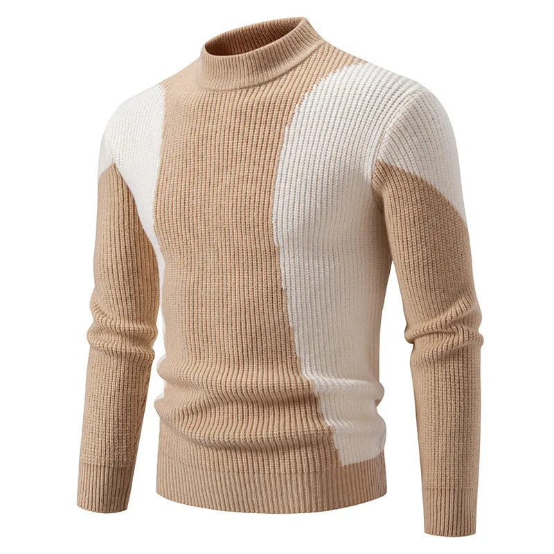 High Quality Men's New Autumn Winter Sweaters Casual Warm Mock Neck Pullovers Trend Color Blocking Design Men Sweaters Knit Tops