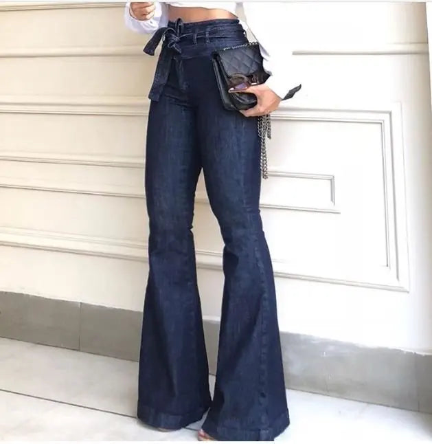Jeans Women's 2023 Summer and Autumn New Versatile Casual Lace up High Waist Micro Elastic Flare Pants Wide Leg Pants
