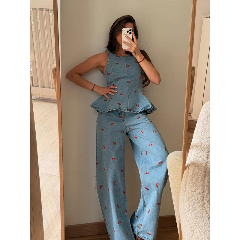 Denim Printed Pants 2 Piece Set Women Elegant Round Neck Sleeveless Vests Slim Long Pant Suits 2026 Lady Daily Street Outfit New