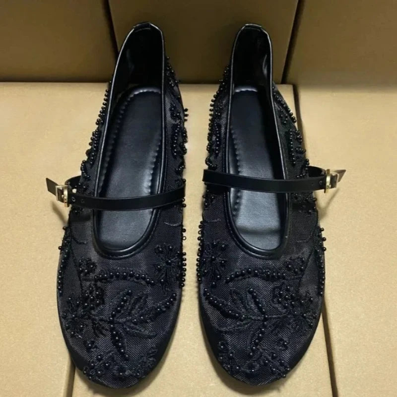 Mesh Embroidery Flower Ballet Flats Women Comfort Round Toe Breathable Mary Jane Shoes Fashion Brand Designer Shoes for Ladies