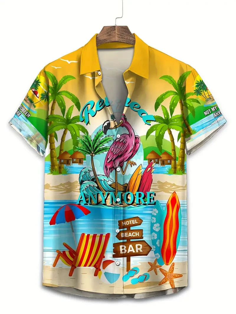 2026 Men's Vocation Lapel Camisa Vacation Hawaiian Shirts Flamingo 3d Print Fashion Unisex Beach Short Sleeve Blouse