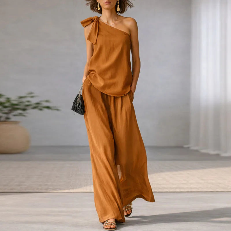 Women's 2 Piece Set 2026 Spring Sexy One Shoulder Tie Knot Top And Wide Leg Pants Suit Casual Loose Summer Beach Vacation Outfit