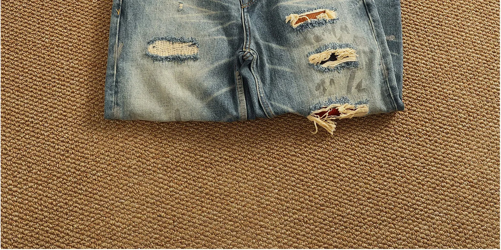 2025 Autumn New American Retro Heavyweight Ripped Denim Men's Fashion 100% Cotton Washed Old Straight Tapered Casual Jeans